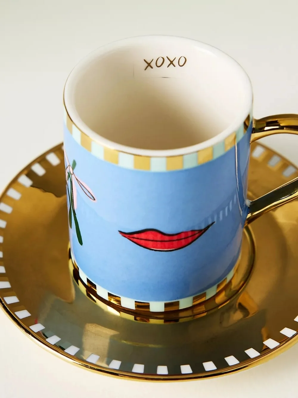 Anthropologie Caroline Stoneware Holiday Espresso Cup & Saucer in Blue, NIB